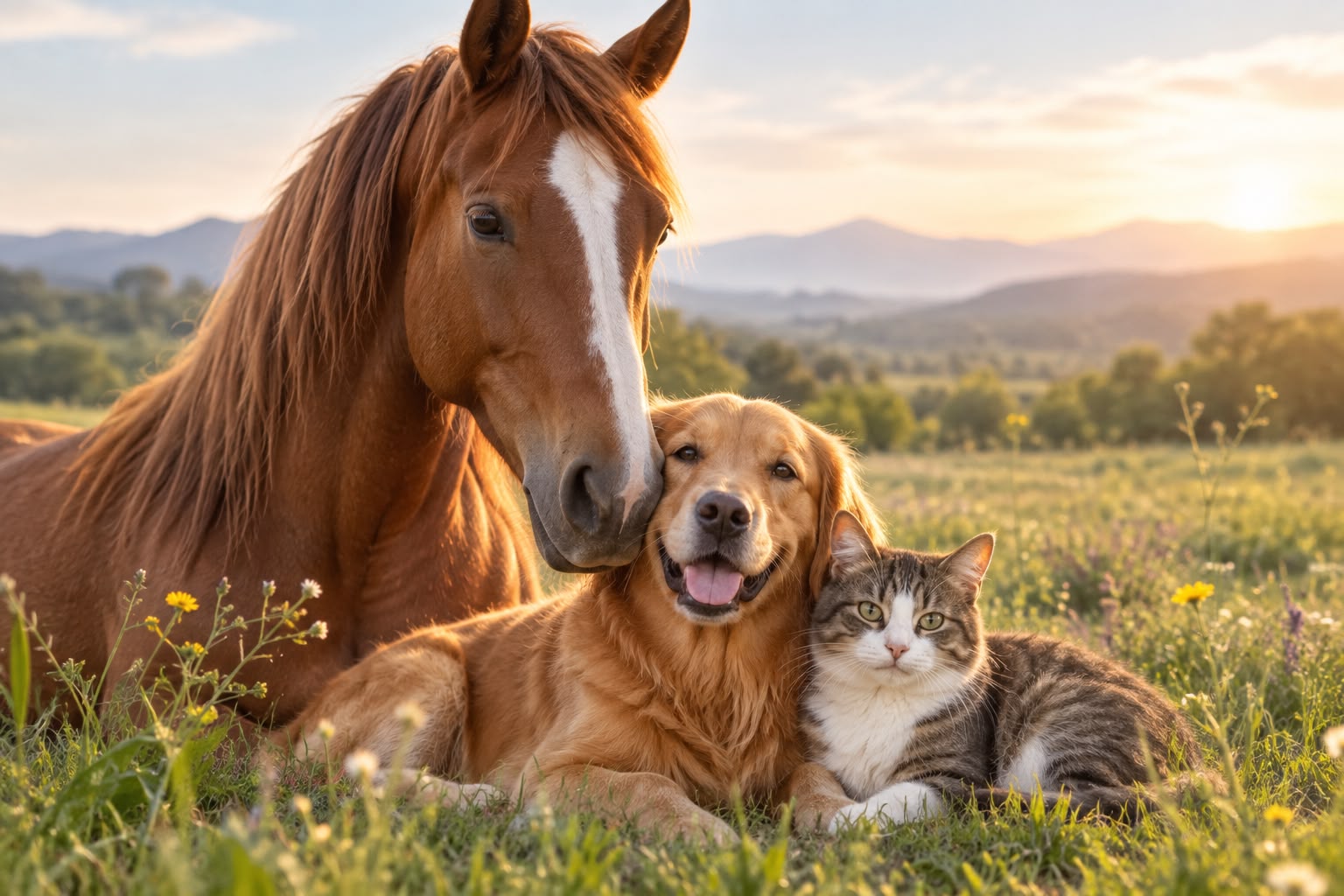 Perros, gato y conejo disfrutando de un paisaje natural