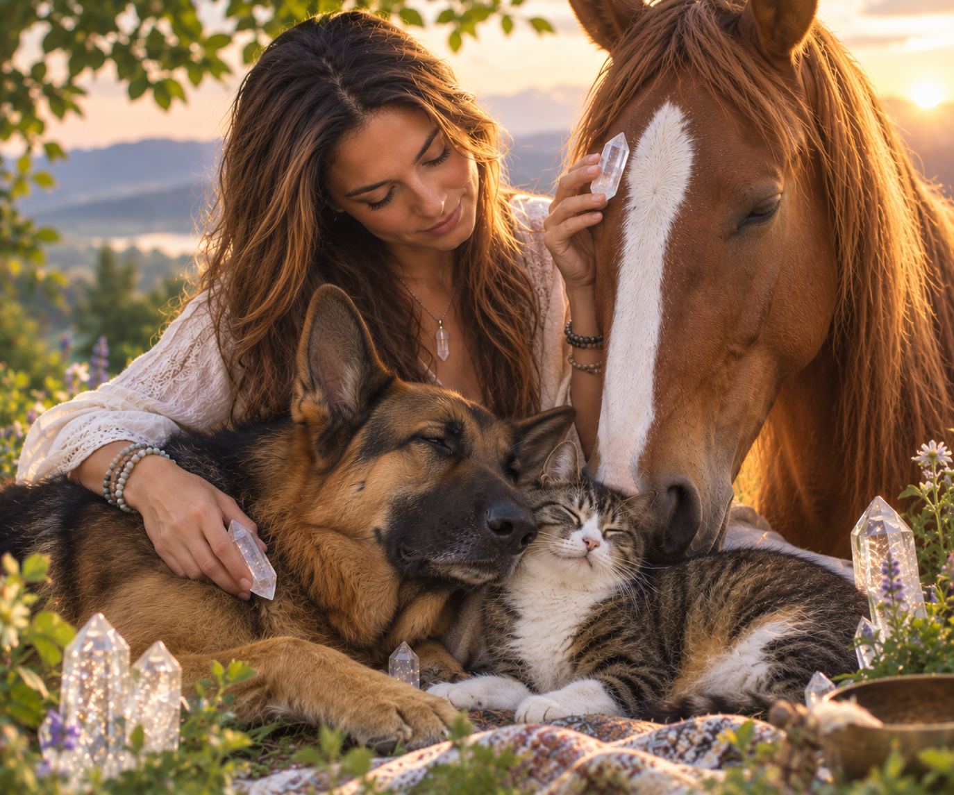 Erika García acompañando amorosamente a un perro y un gato